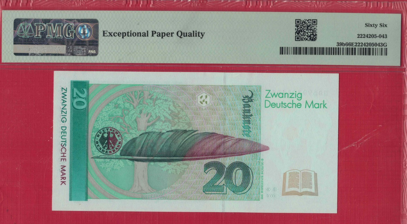 德国20马克 1993年 P-39b 无47 欧洲纸币 实物图 UNC