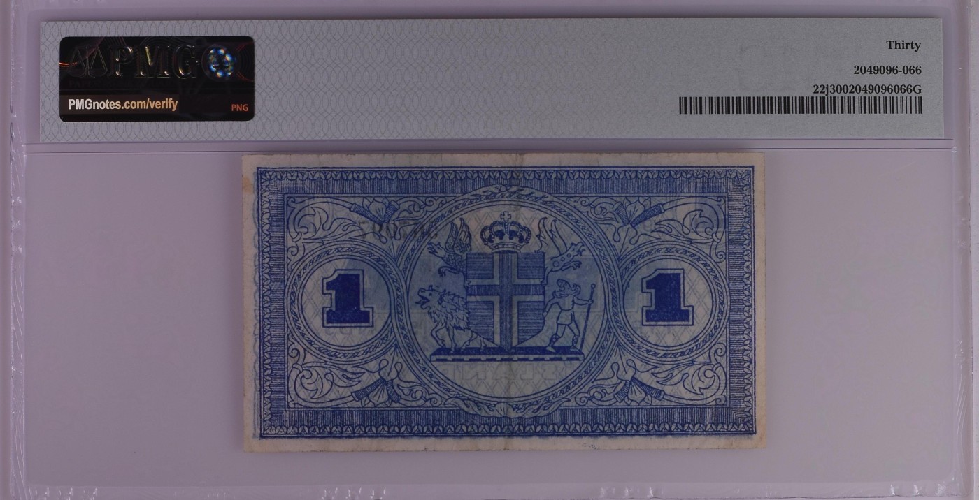 收藏联盟Quantum Auction 第298期拍卖  冰岛1941 (ND 1945)年1克朗 PMG30 号码无4