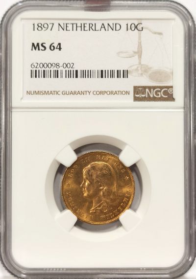 博洋堂世界钱币拍卖第048期（全场包邮） - NGC-MS64 荷兰1897年威廉明娜萝莉像10盾金币，经久不衰热门设计，金萝莉可爱华贵，转光犀利，发丝分明，底板干净有镜面感
