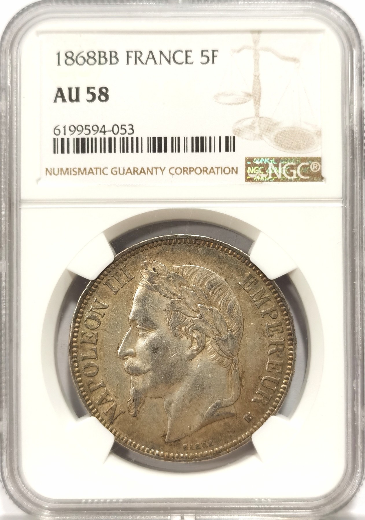 博洋堂世界钱币拍卖第048期（全场包邮） NGC AU58 法国1868拿破仑大银币，原光状态