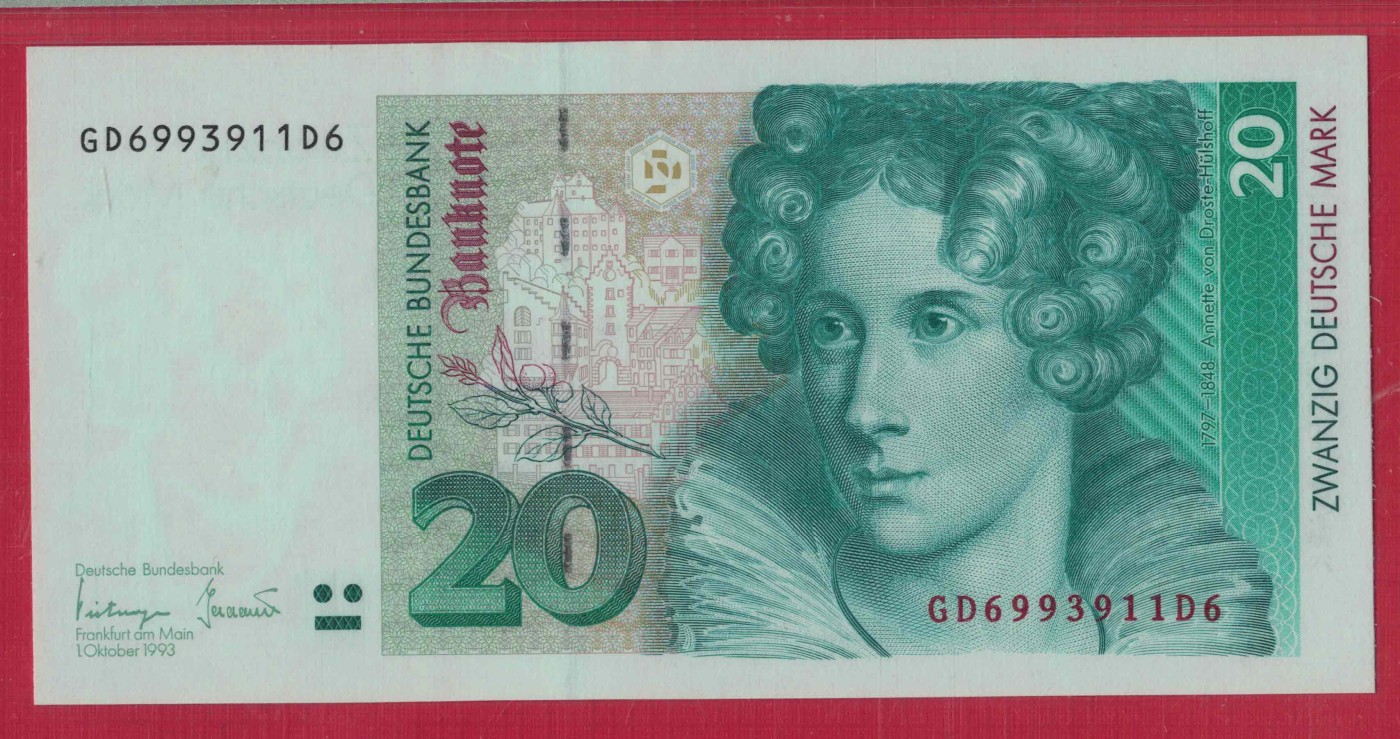 德国20马克 1993年 P-39b 无47 欧洲纸币 实物图 UNC