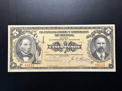 第二十场，成双成对场 - 超级大珍！1915年墨西哥xinaloa州5比索！非常非常少见的墨西哥州票！品相au+