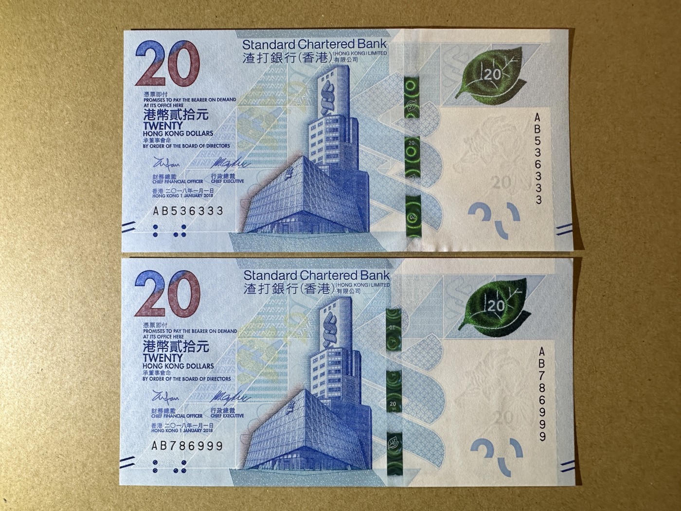 《张总收藏》122期-大美外币 (2张一组)香港20元2张 UNC 渣打银行 2018年 豹子号