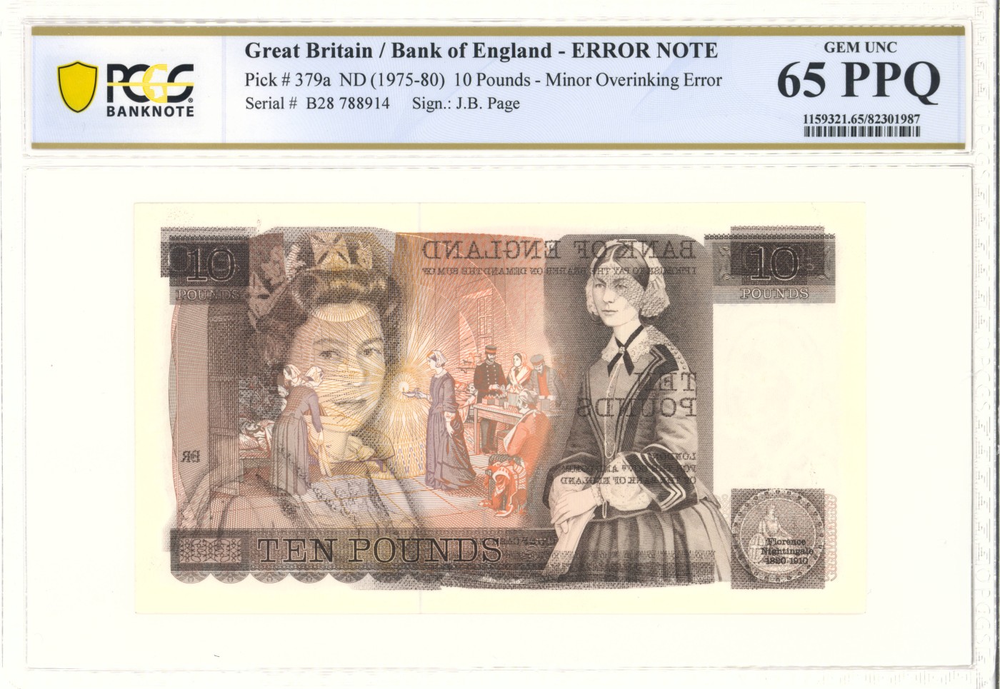 《张总收藏》122期-大美外币 英国1975-80年Pick#379a首签10镑PCGS65E ERROR NOTE 稀少错印钞-南丁格尔身边隐约可见女王