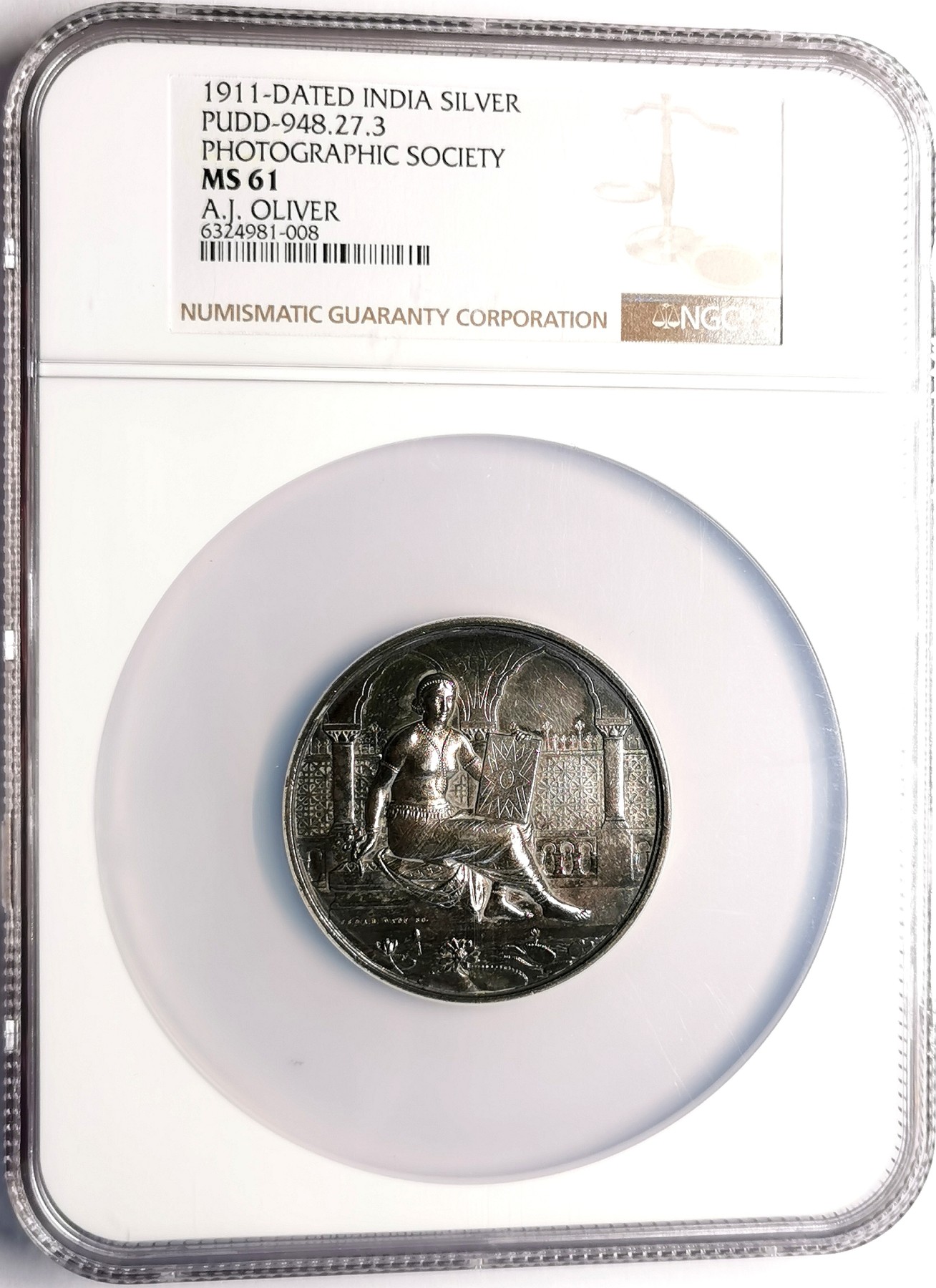 凡希社世界钱币微拍第二百五十一期 荐！1911英属印度摄影协会银质奖章NGC-MS61稀见品种最高分！
