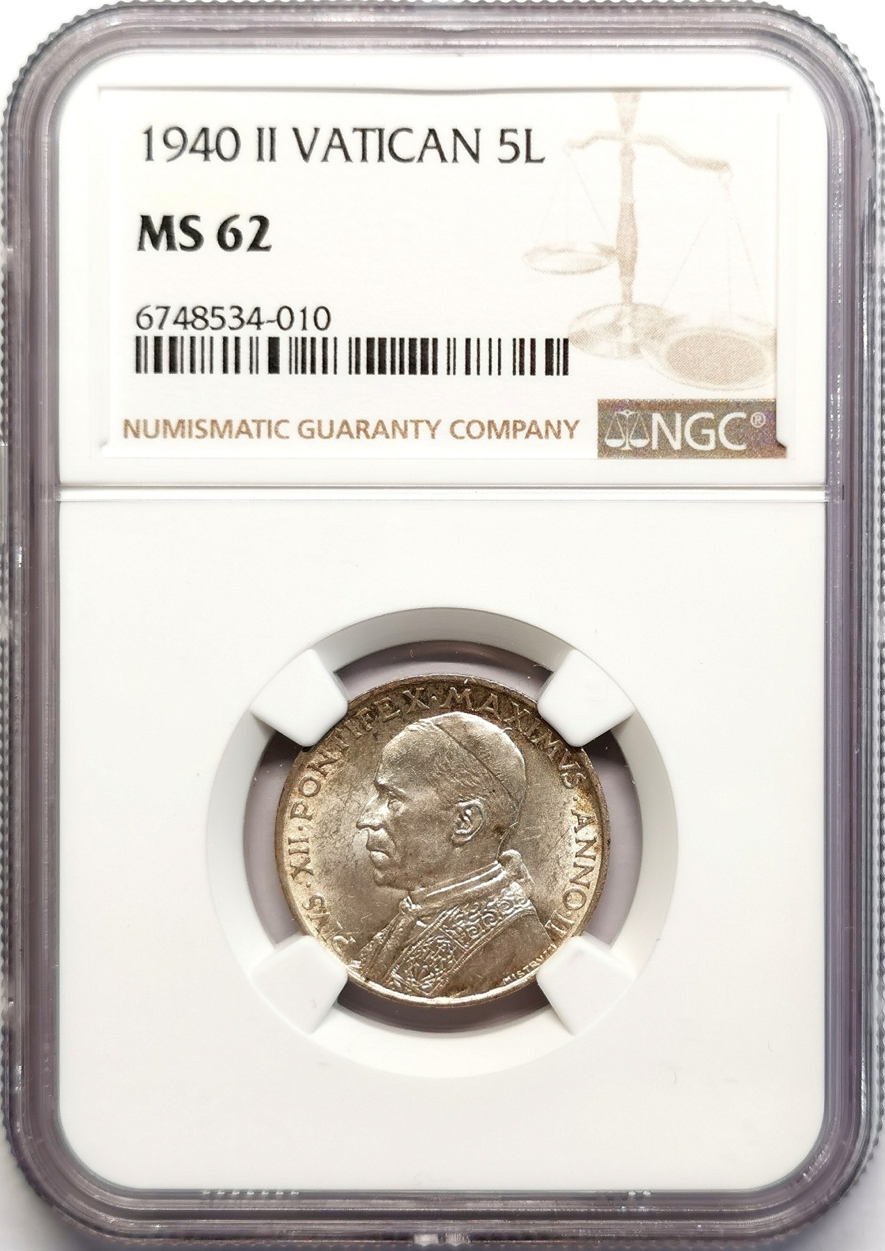 凡希社世界钱币微拍第二百五十一期 1940梵蒂冈5里拉银币NGC-MS62