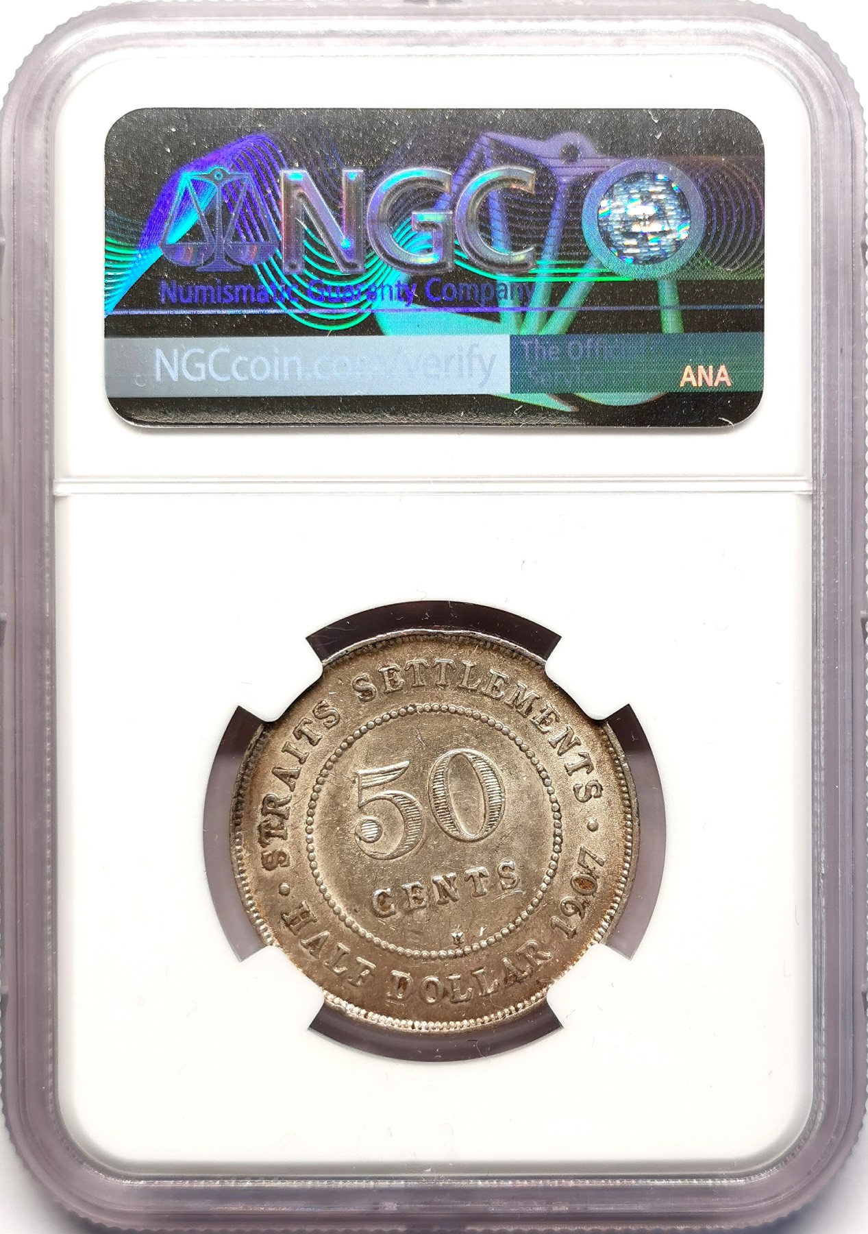 凡希社世界钱币微拍第二百五十一期 1907H海峡殖民地爱七50分银币NGC-AUD