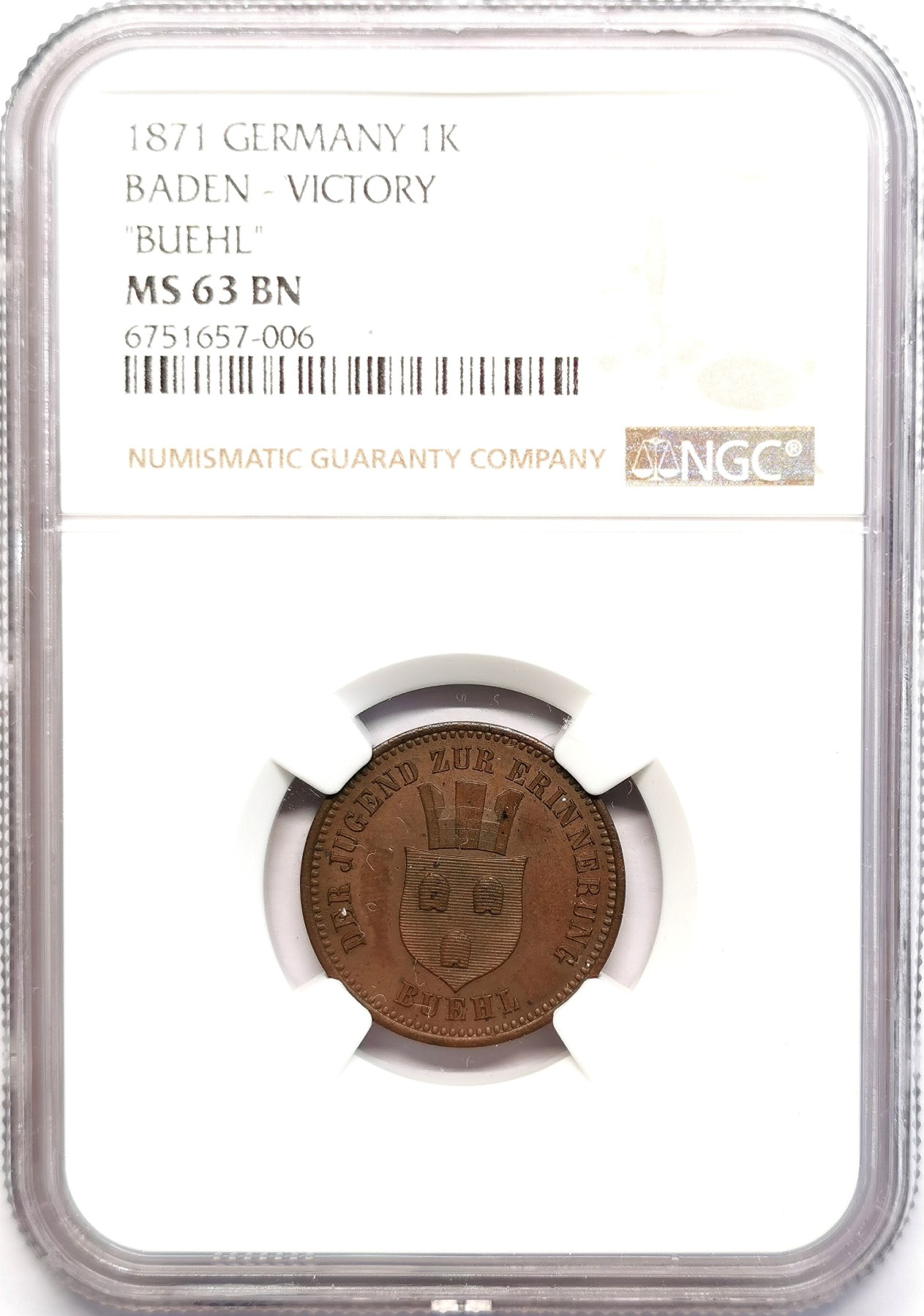 凡希社世界钱币微拍第二百五十一期 荐！1871巴登普法战争胜利纪念克鲁泽铜币NGC-MS63