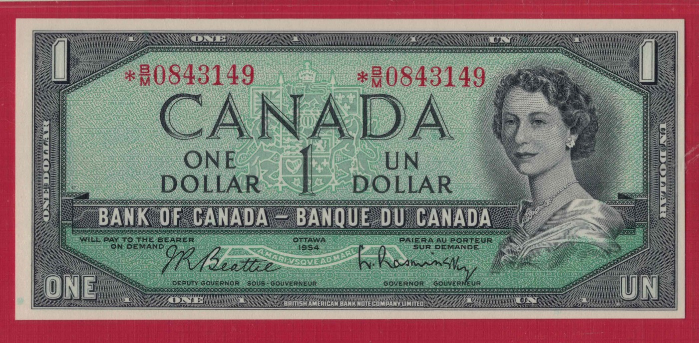 加拿大1元 1954年(1961年至1972年) P-75b* 补号钞(有*号) 美洲纸币 实物图 UNC