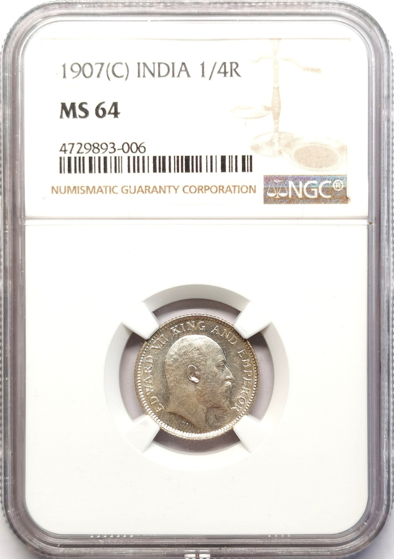 凡希社世界钱币微拍第二百五十一期 1907英属印度爱七1/4卢比银币NGC-MS64
