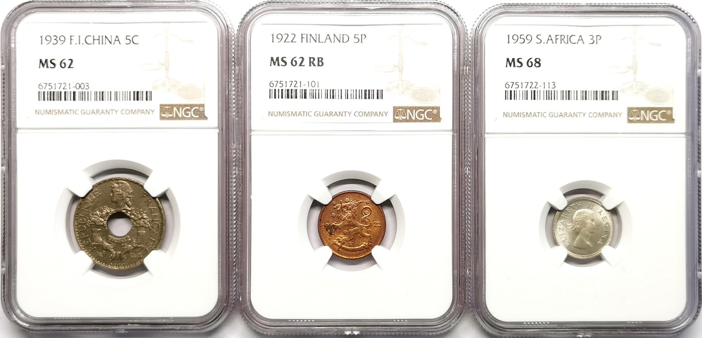 凡希社世界钱币微拍第二百五十一期 芬兰南非法属印支三枚一组NGC