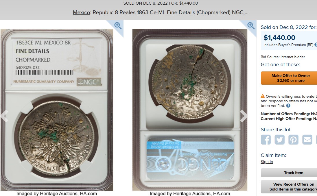 博洋堂世界钱币拍卖第048期（全场包邮） NGC AU 墨西哥1863年CE ML版花边鹰洋，大名誉品，鹰洋14个厂里唯一的只发行了一年的厂，大全套必备
