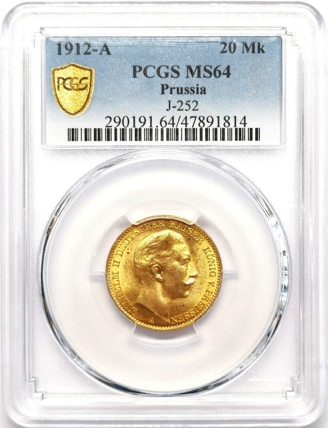 凡希社世界钱币微拍第二百五十一期 1912A德国威廉二世20马克金币PCGS-MS64金色明亮！