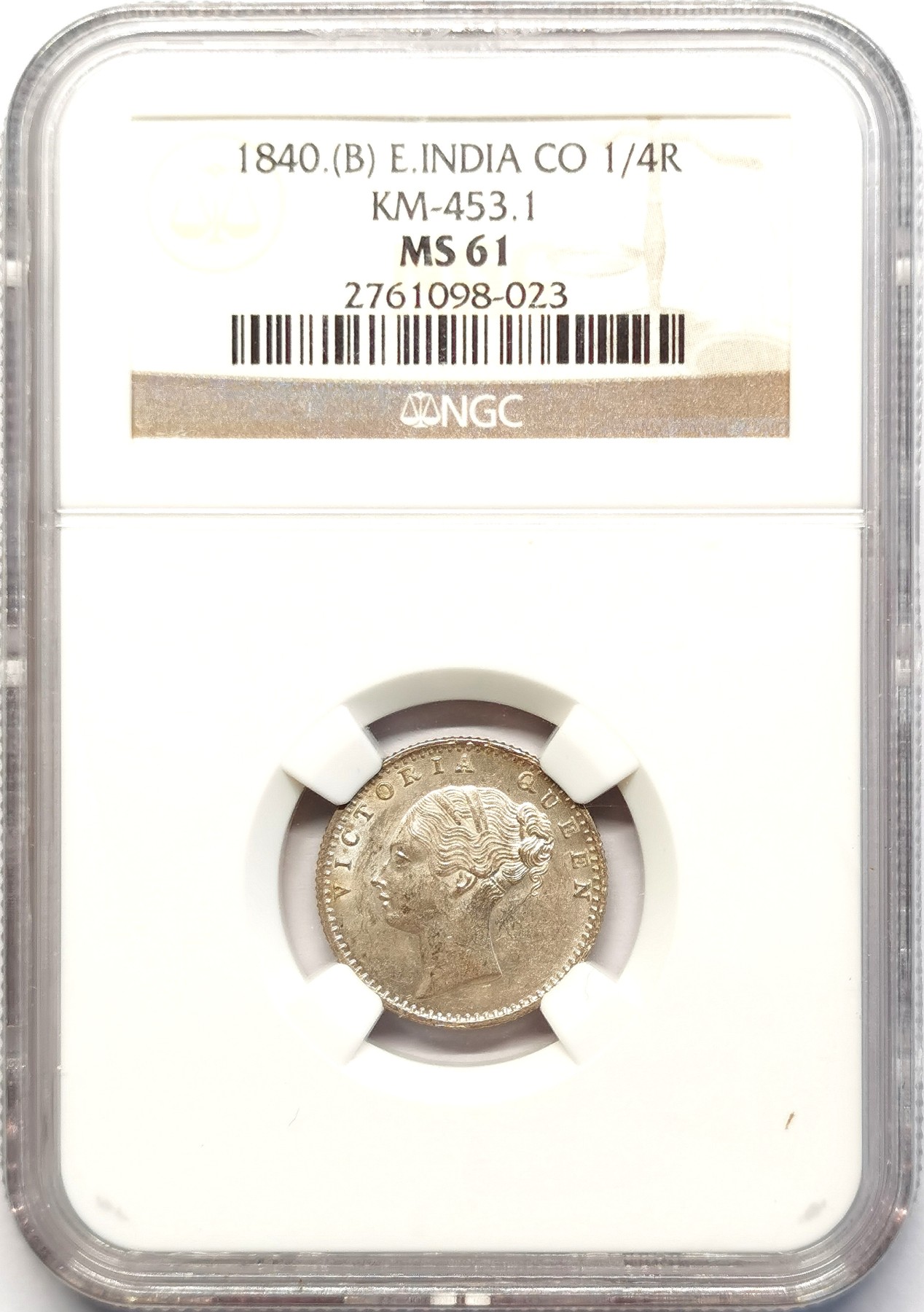 凡希社世界钱币微拍第二百五十一期 1840东印度公司小维1/4卢比银币NGC-MS61本土头像少见品相！