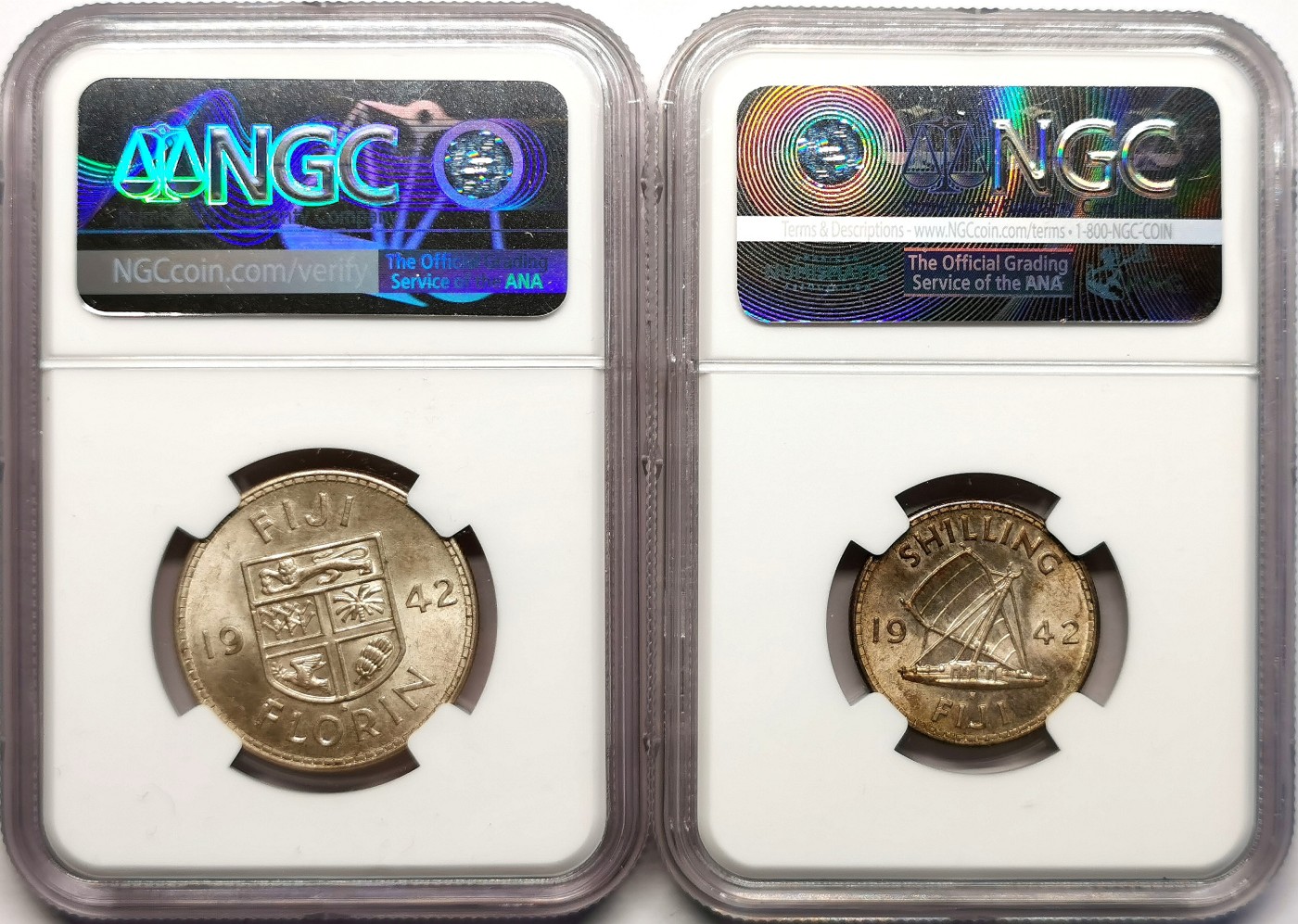 凡希社世界钱币微拍第二百五十一期 1942S斐济乔六先令佛罗林银币一对NGC-MS63