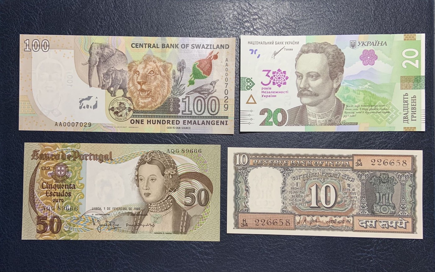 收藏联盟Quantum Auction 第298期拍卖  葡萄牙，斯威士兰 ，印度和乌克兰纸币四张 品相全新UNC 详情见下方拍品介绍
