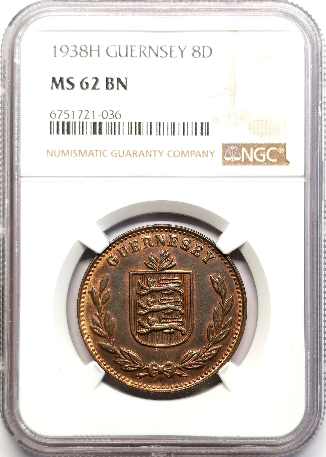 凡希社世界钱币微拍第二百五十一期 1938H根西8道波大铜NGC-MS62