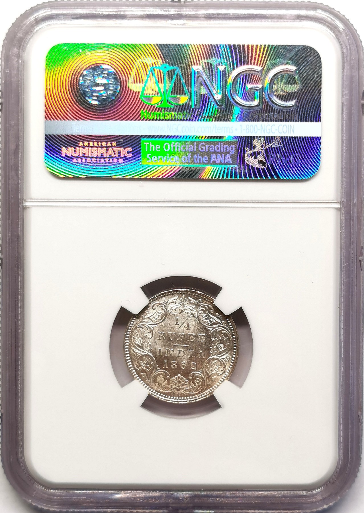凡希社世界钱币微拍第二百五十一期 1862英属印度小维1/4卢比银币NGC-MS62