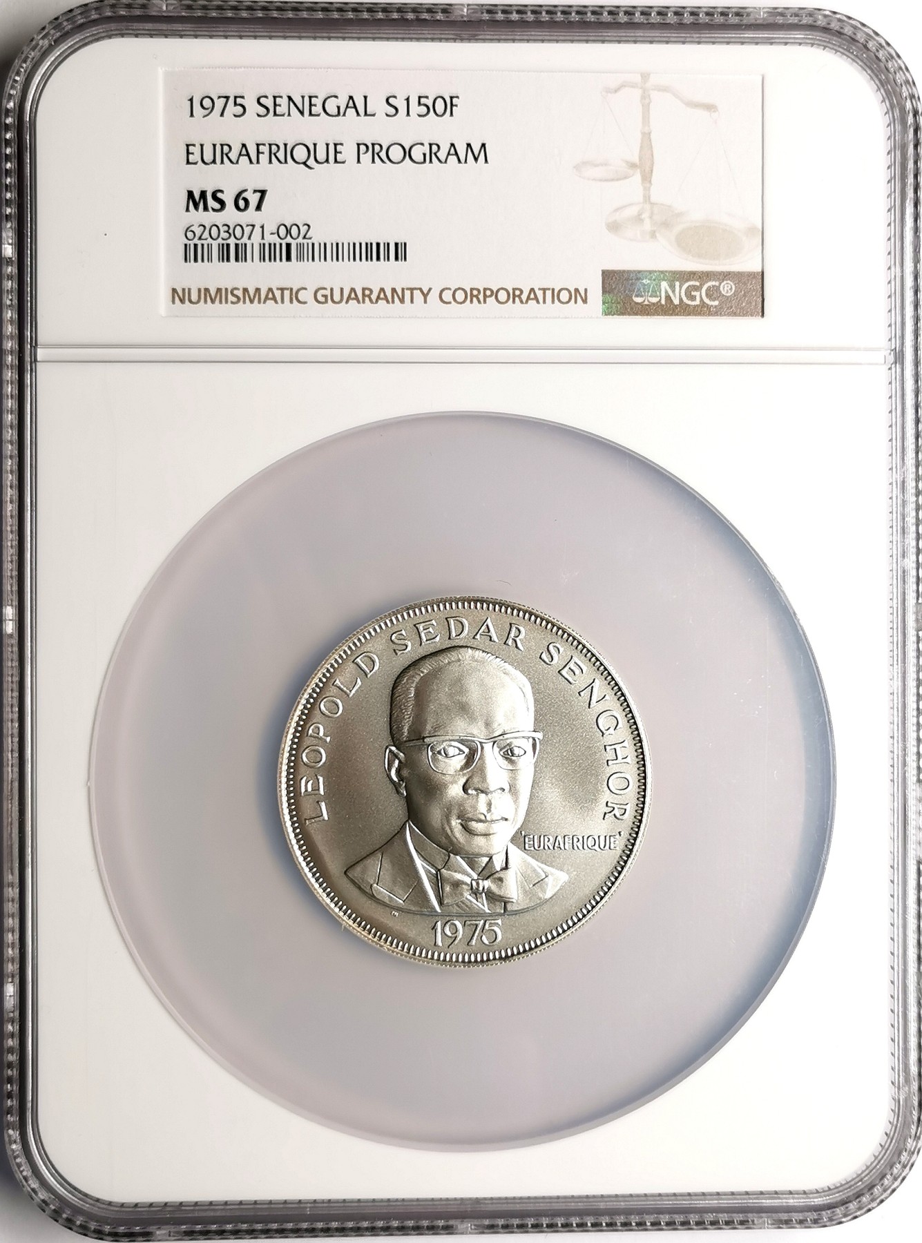 凡希社世界钱币微拍第二百五十一期 1975塞内加尔欧非合作150法郎大银NGC-MS67地图与鸬鹚！
