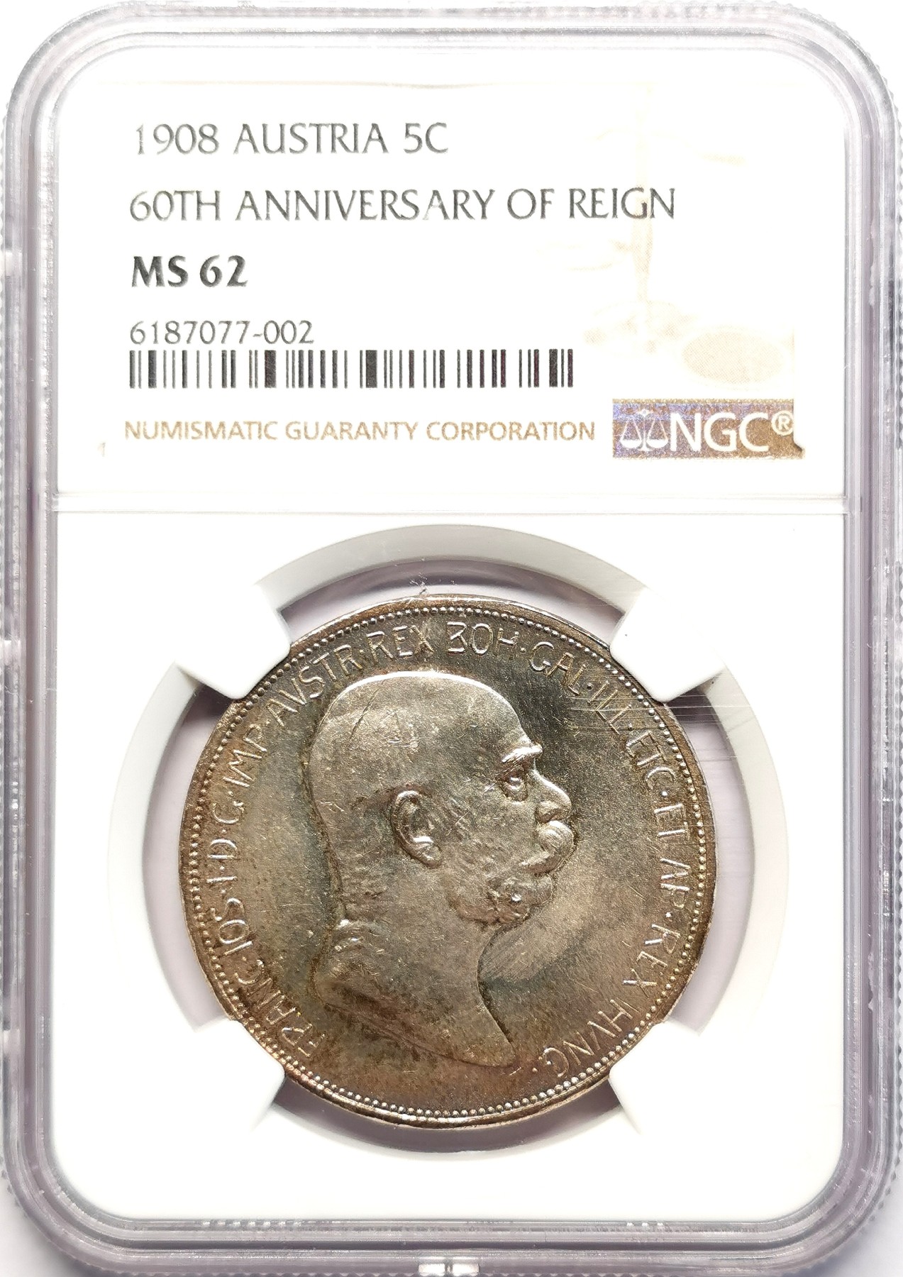 凡希社世界钱币微拍第二百五十一期 1908奥地利5科罗纳纪念大银NGC-MS62