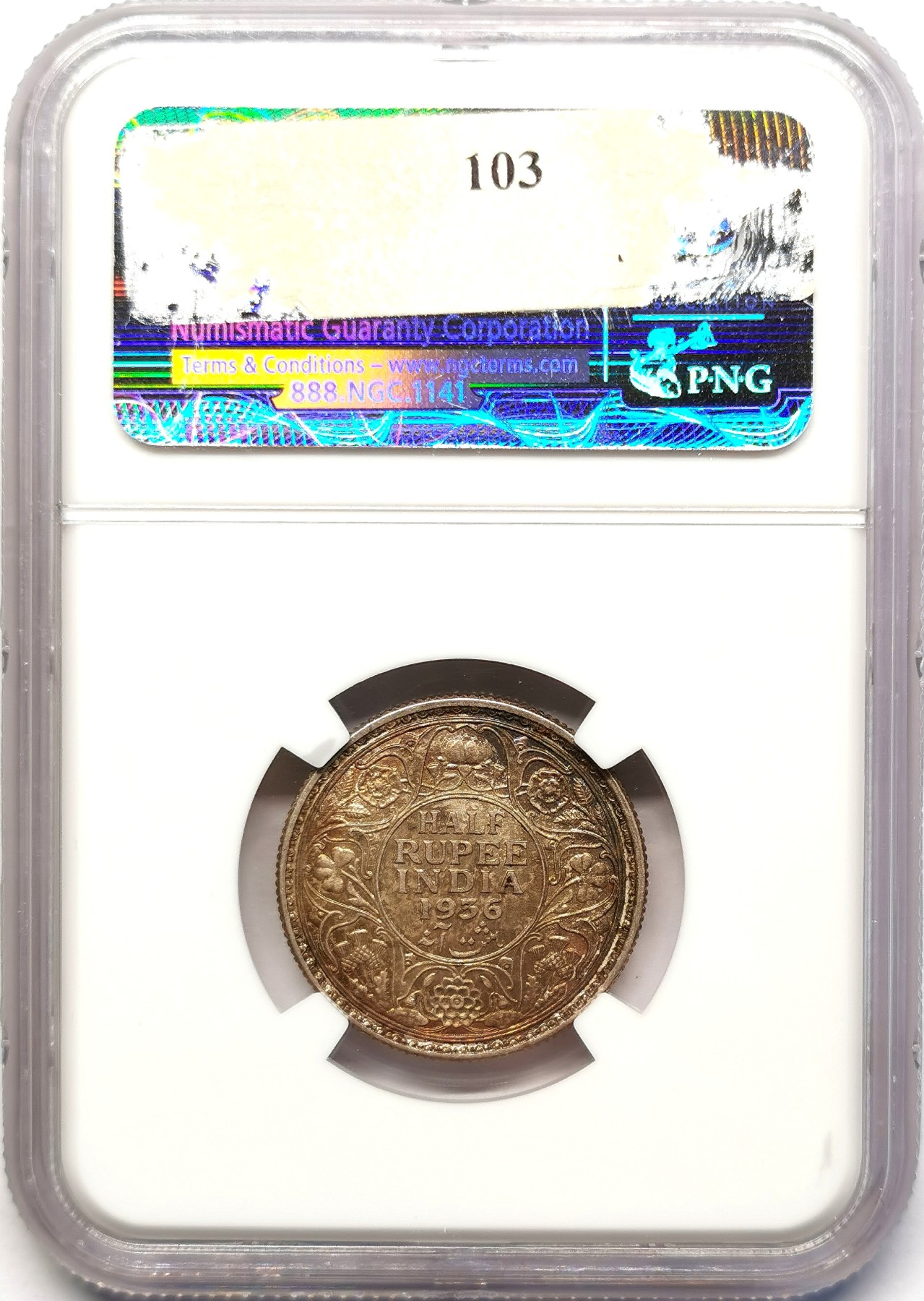 凡希社世界钱币微拍第二百五十一期 1936英属印度乔五1/2卢比NGC-MS63深色金彩！