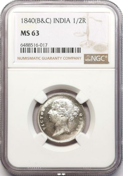 凡希社世界钱币微拍第二百五十一期 - 荐！1840东印度公司小维1/2卢比NGC-MS63原色银光罕见品相！
