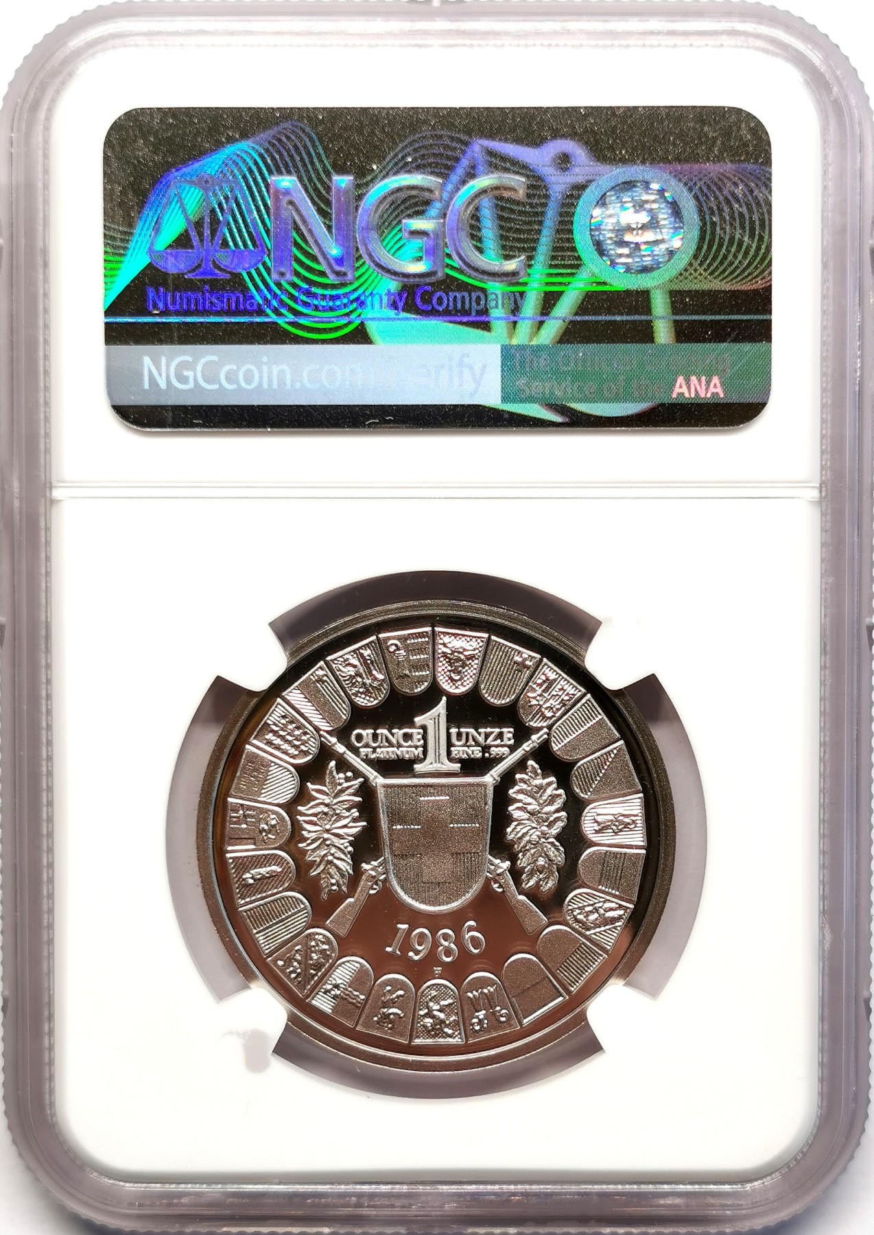 凡希社世界钱币微拍第二百五十一期 稀！1986瑞士射击节威廉退尔100法郎铂金1盎司NGC-PF69UC经典人物顶级品相！