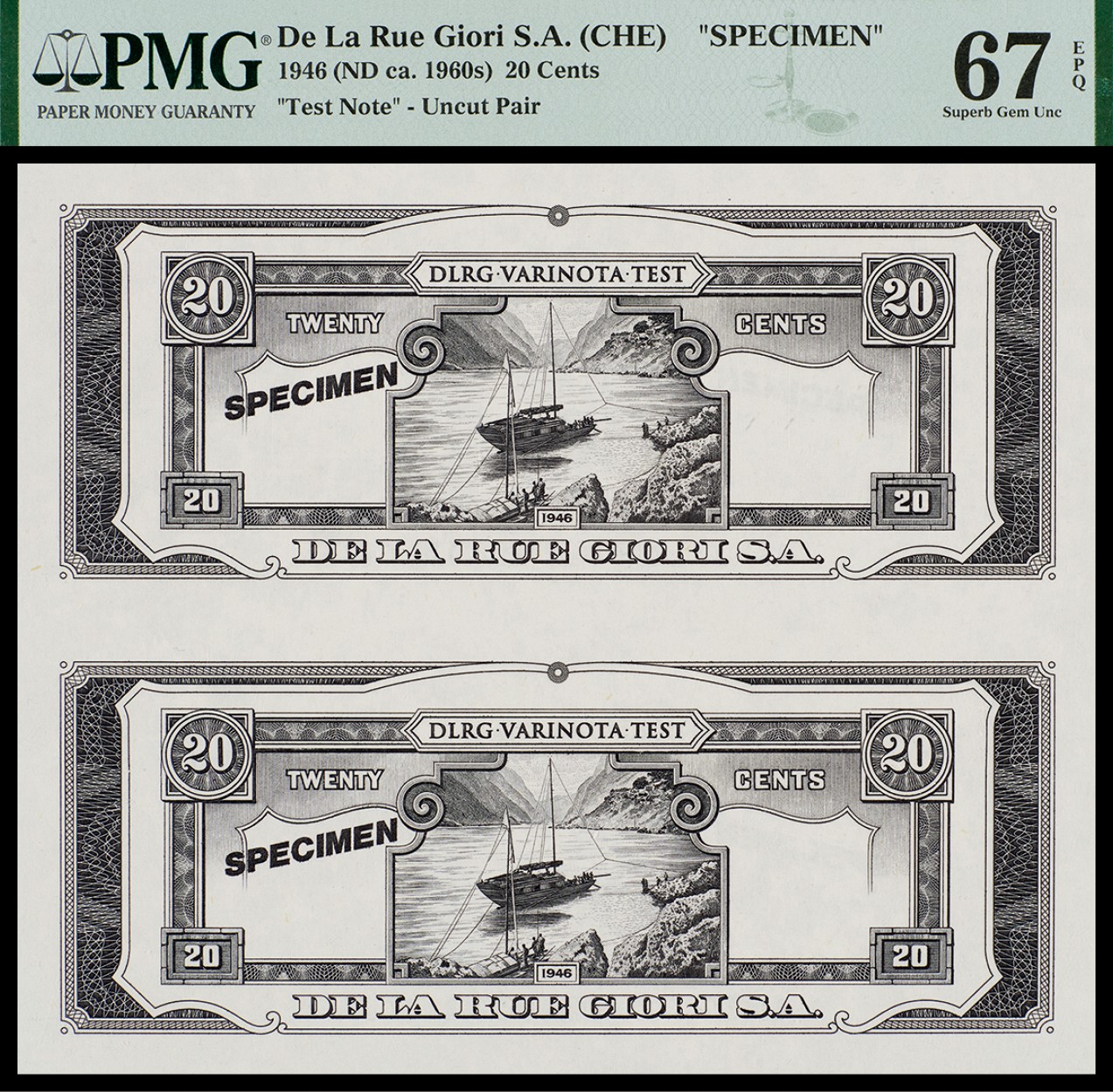 广州中孚2023年秋季拍卖会 民国 SPECIMEN 贰角 票样连体 PMG-67EPQ