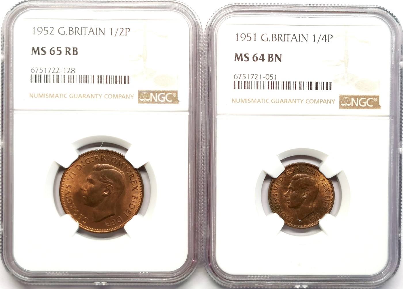 凡希社世界钱币微拍第二百五十一期 英国乔六1/4D1/2D一对NGC