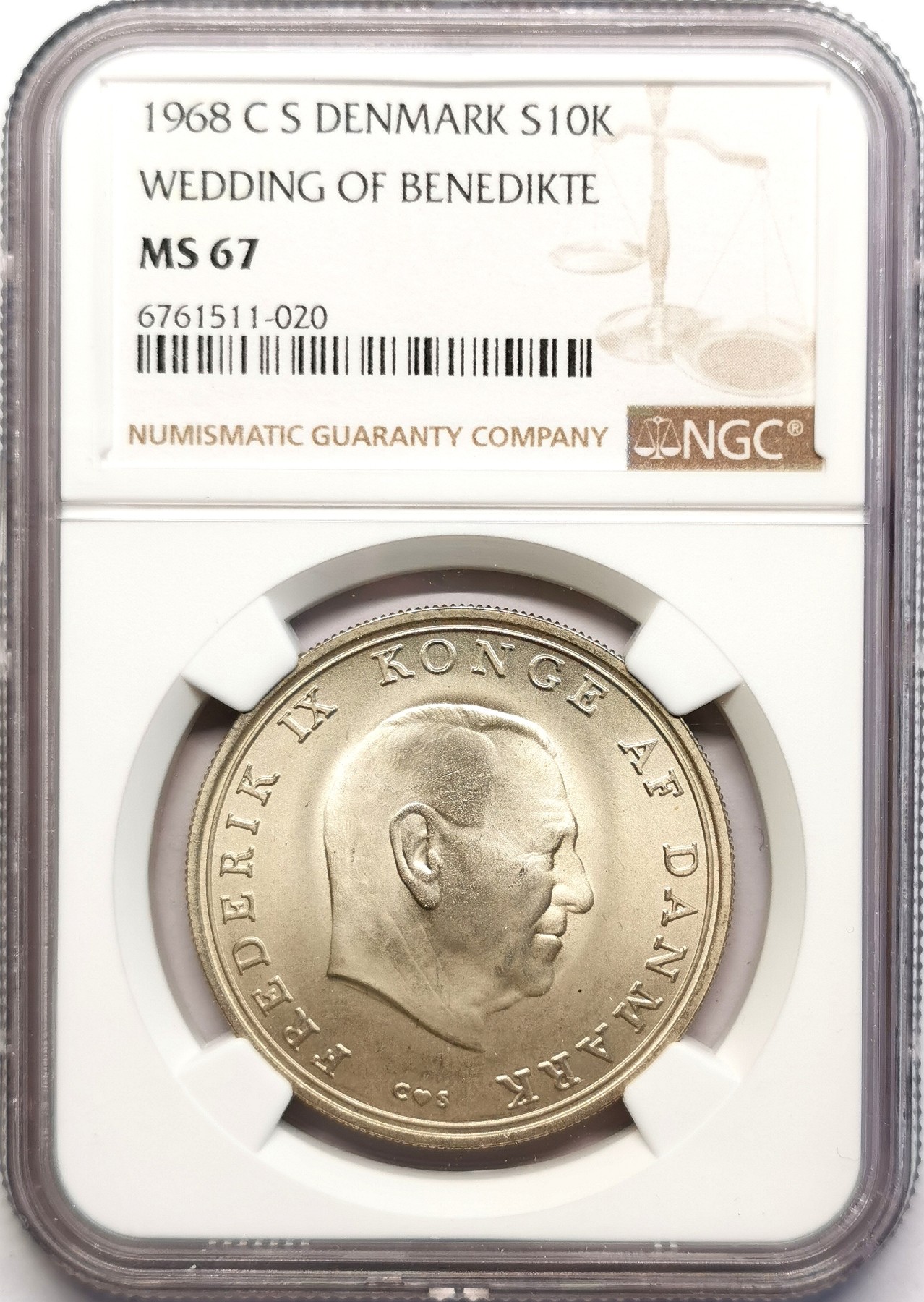 凡希社世界钱币微拍第二百五十一期 1968丹麦王家婚礼10克朗银币NGC-MS67