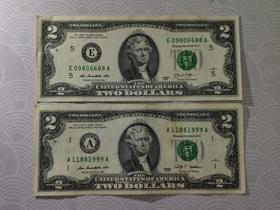 2张~美国2美元(圆圆倒置号88尾)(倒置豹子号999)靓号靓品