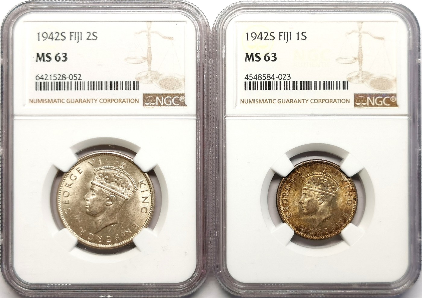 凡希社世界钱币微拍第二百五十一期 1942S斐济乔六先令佛罗林银币一对NGC-MS63