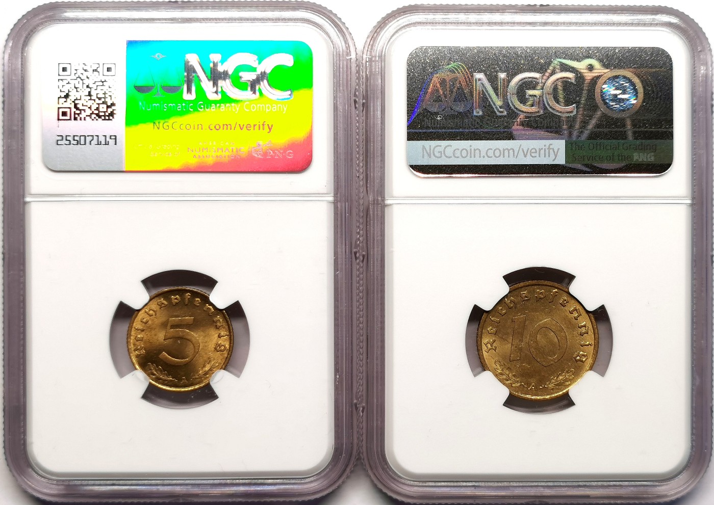 凡希社世界钱币微拍第二百五十一期 1938A德国5芬尼10芬尼一对NGC-MS63/64