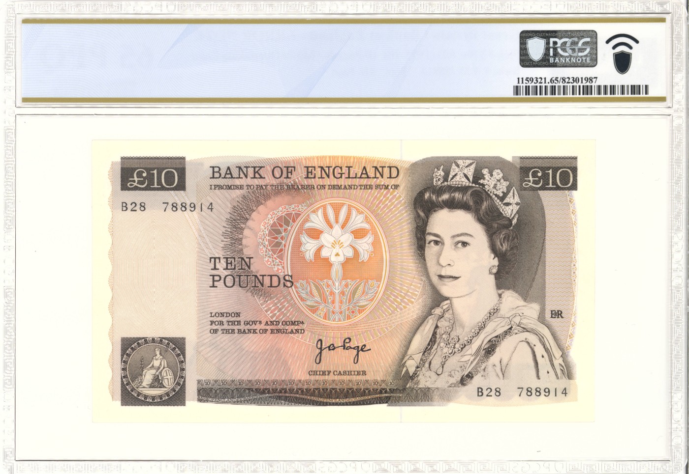 《张总收藏》122期-大美外币 英国1975-80年Pick#379a首签10镑PCGS65E ERROR NOTE 稀少错印钞-南丁格尔身边隐约可见女王