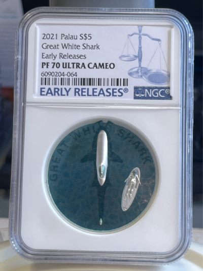 【海寕潮】拍卖第八十六期 - 【海寧潮】获奖帕劳2021年大白鲨双面高浮雕彩银币NGC-PF70首无盒子证书