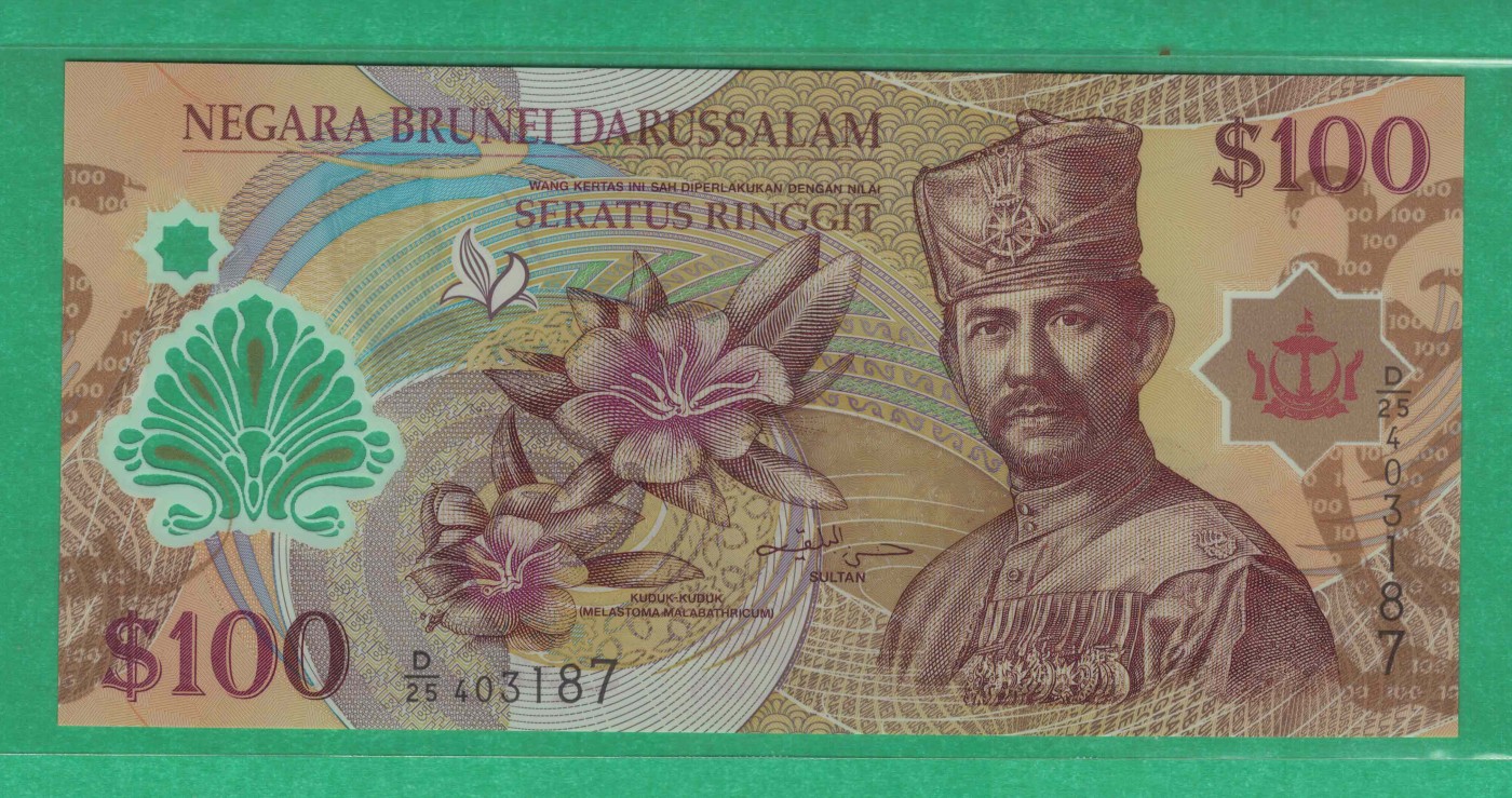 文莱100林吉特 2013年 塑料钞 亚洲币 实物图 UNC