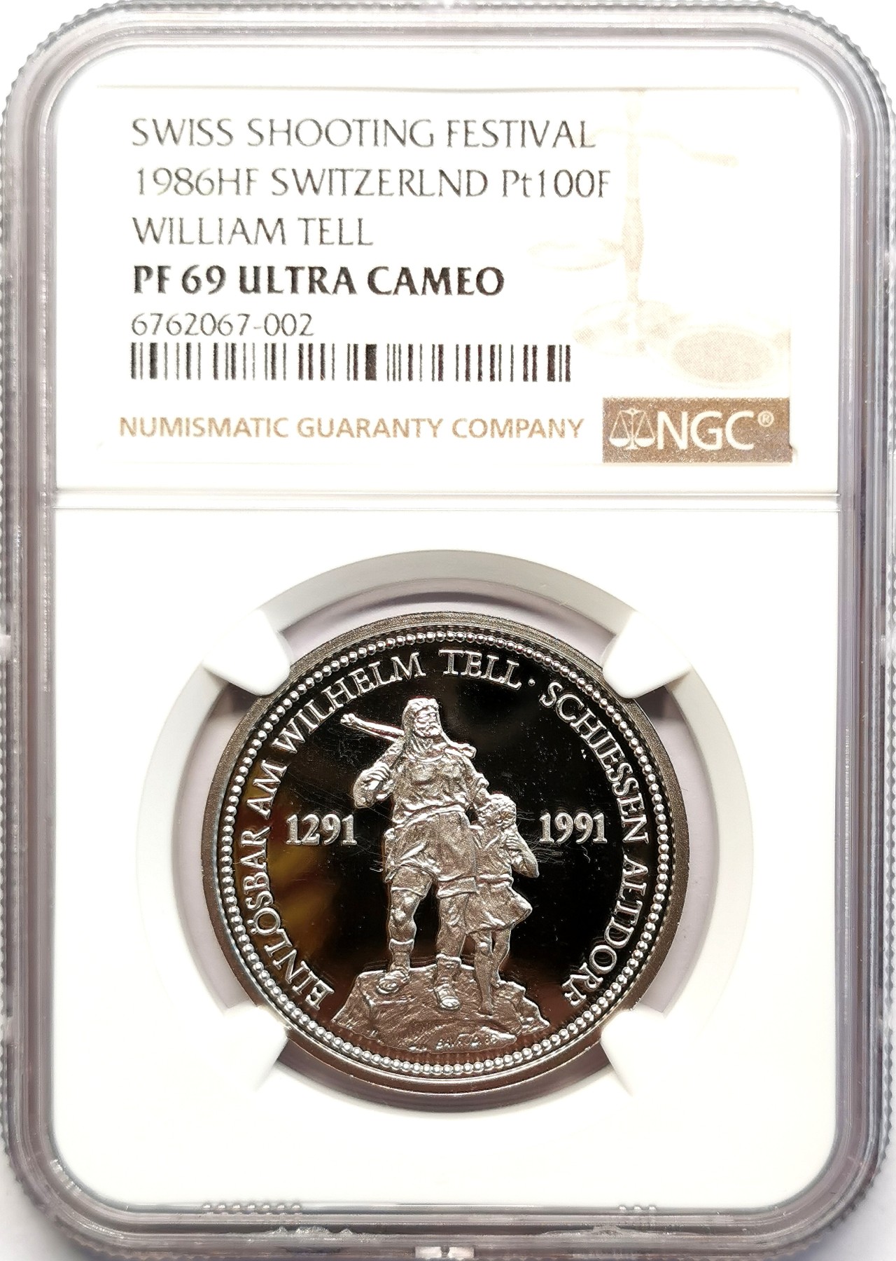 凡希社世界钱币微拍第二百五十一期 稀！1986瑞士射击节威廉退尔100法郎铂金1盎司NGC-PF69UC经典人物顶级品相！