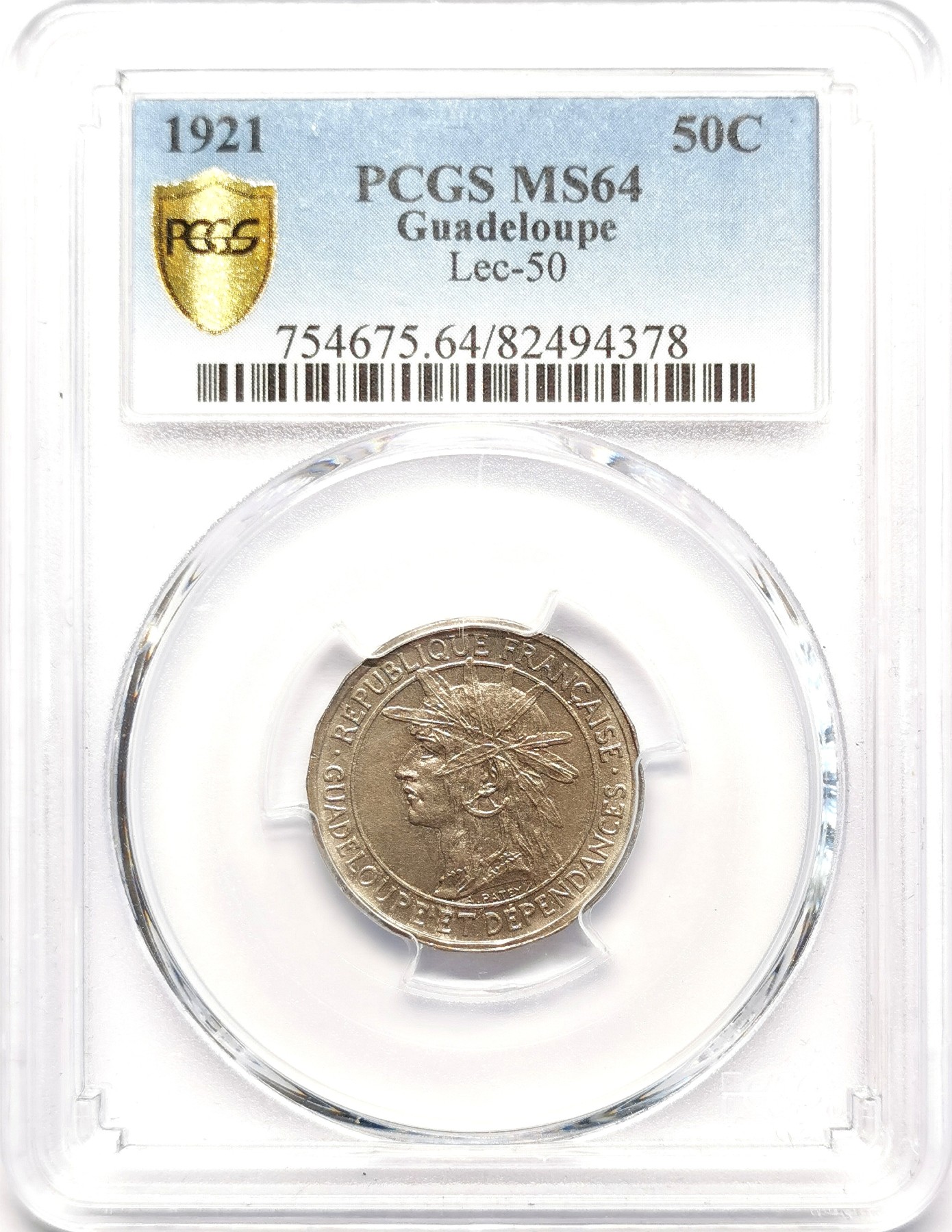 凡希社世界钱币微拍第二百五十一期 1921法属瓜德鲁普50分多边异形币PCGS-MS64戴羽毛的原住民！