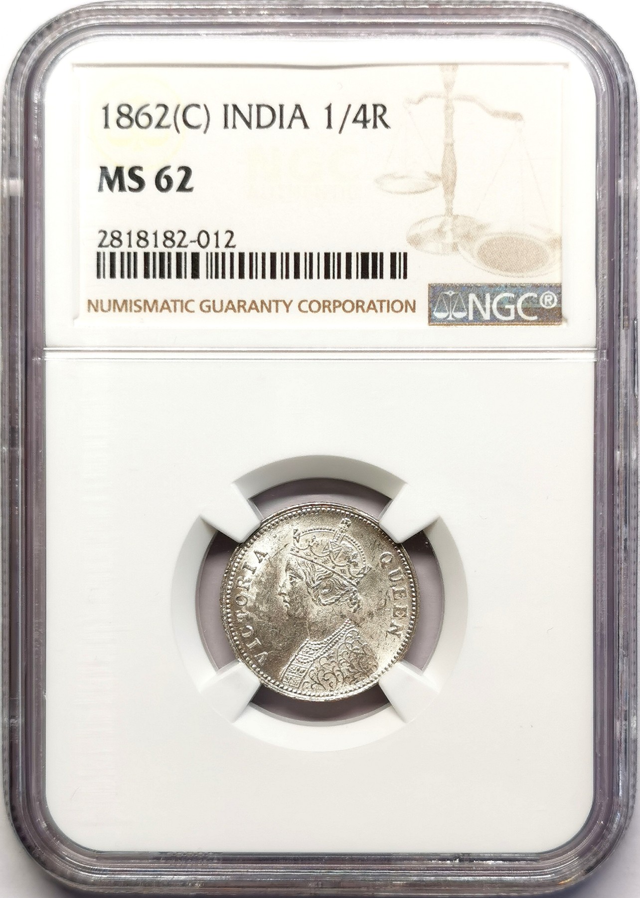 凡希社世界钱币微拍第二百五十一期 1862英属印度小维1/4卢比银币NGC-MS62