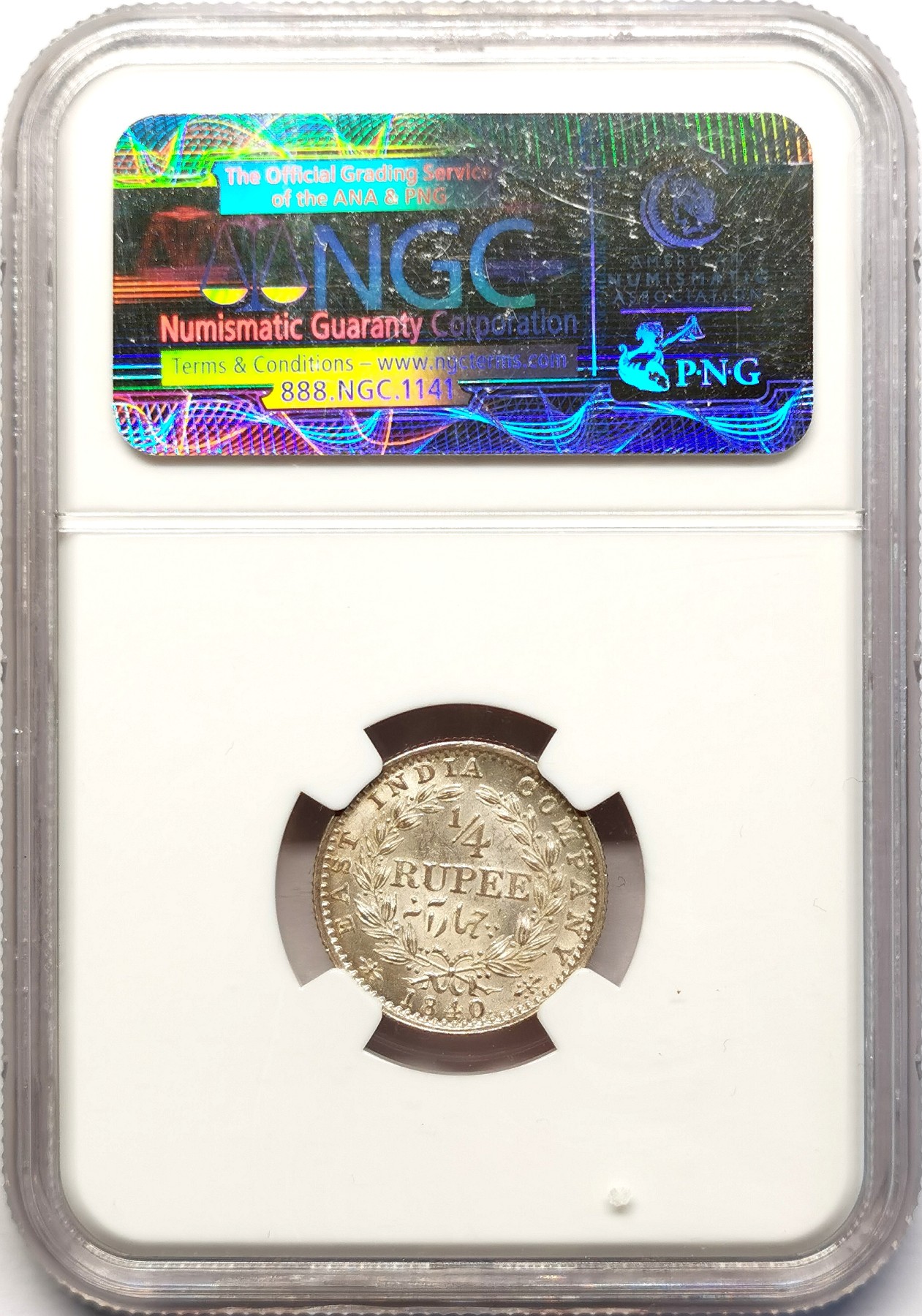 凡希社世界钱币微拍第二百五十一期 1840东印度公司小维1/4卢比银币NGC-MS61本土头像少见品相！