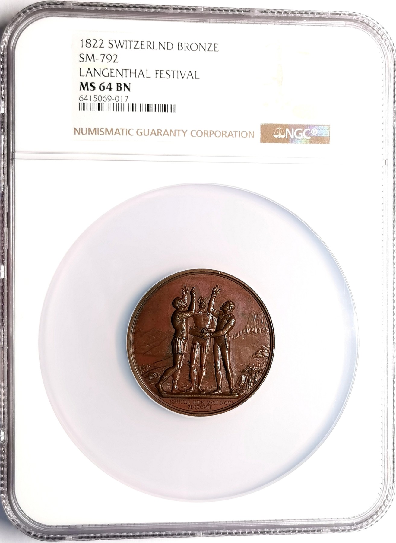 凡希社世界钱币微拍第二百五十一期 1822瑞士朗根塔尔纪念铜章NGC-MS64