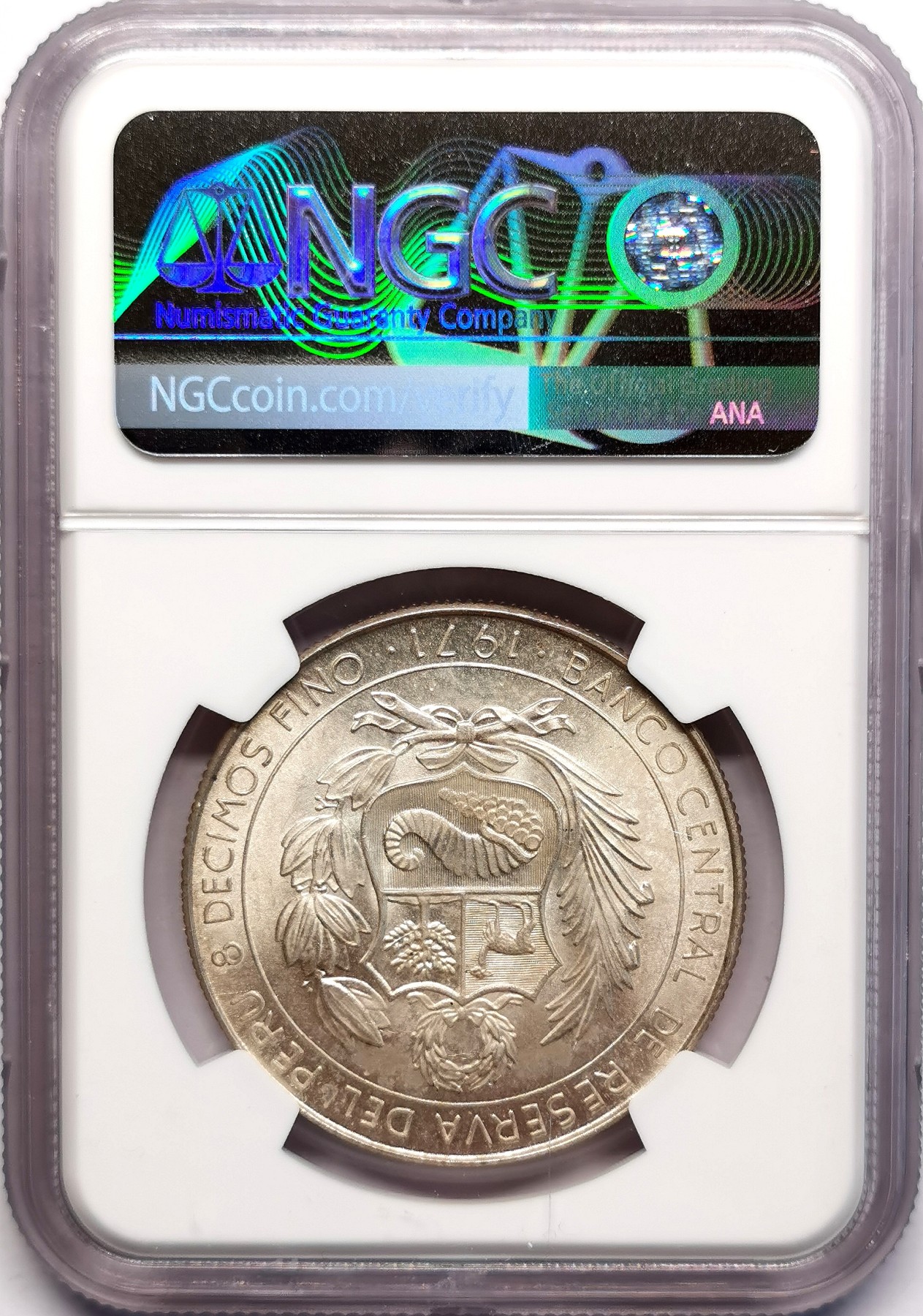 凡希社世界钱币微拍第二百五十一期 1971秘鲁独立纪念50S大银NGC-MS65