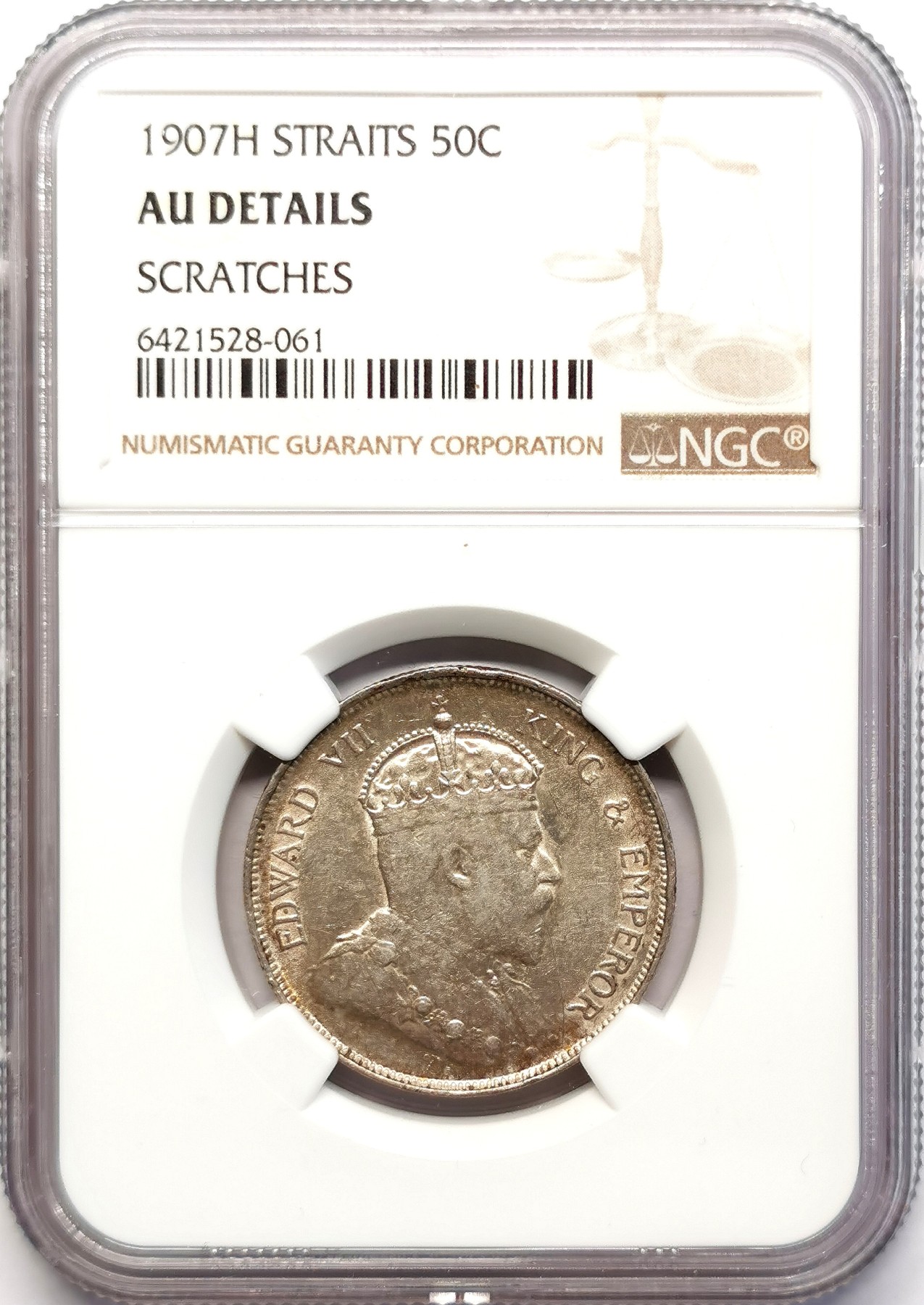 凡希社世界钱币微拍第二百五十一期 1907H海峡殖民地爱七50分银币NGC-AUD