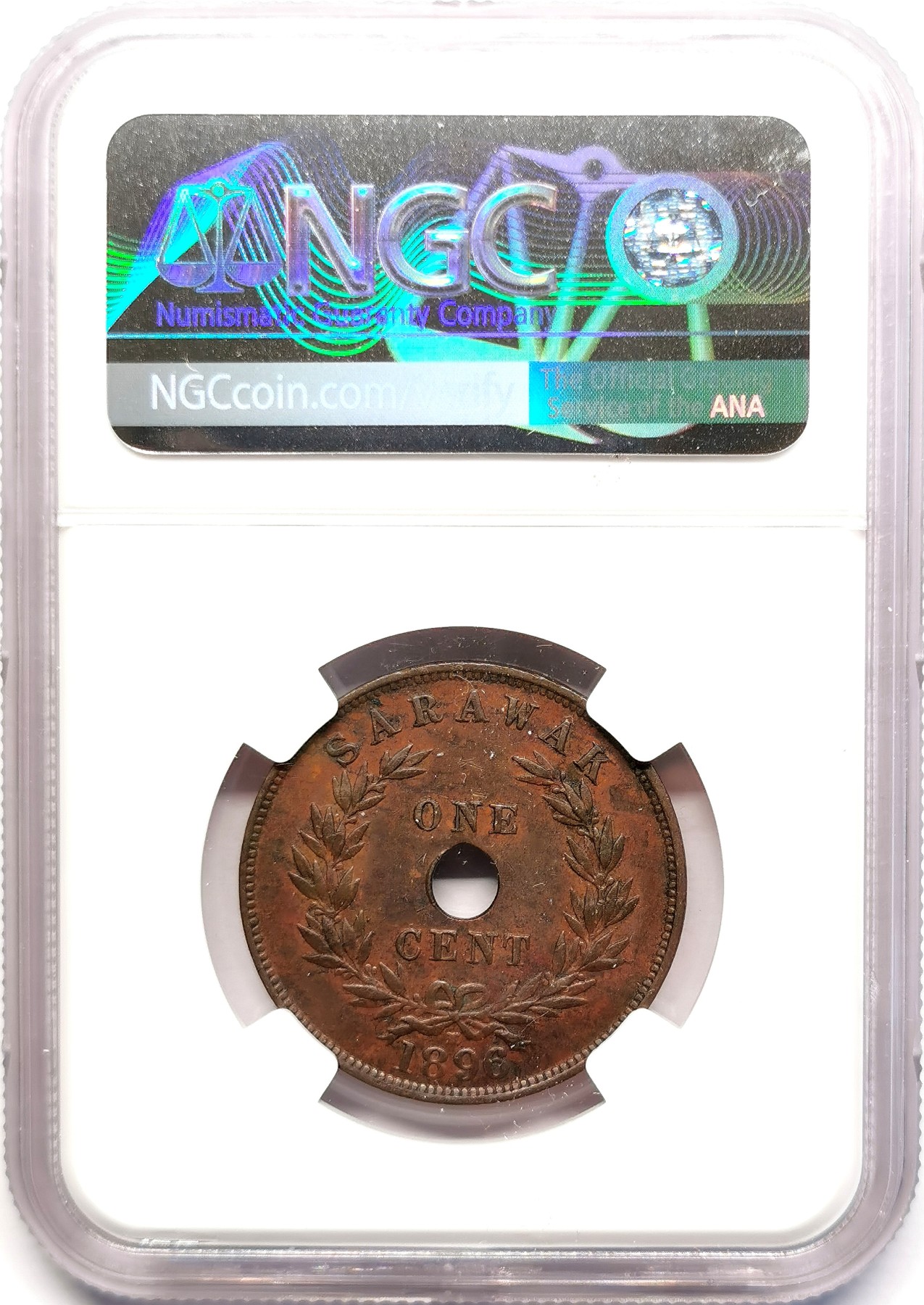 凡希社世界钱币微拍第二百五十一期 1896H沙捞越中孔一分铜币NGC-AU53