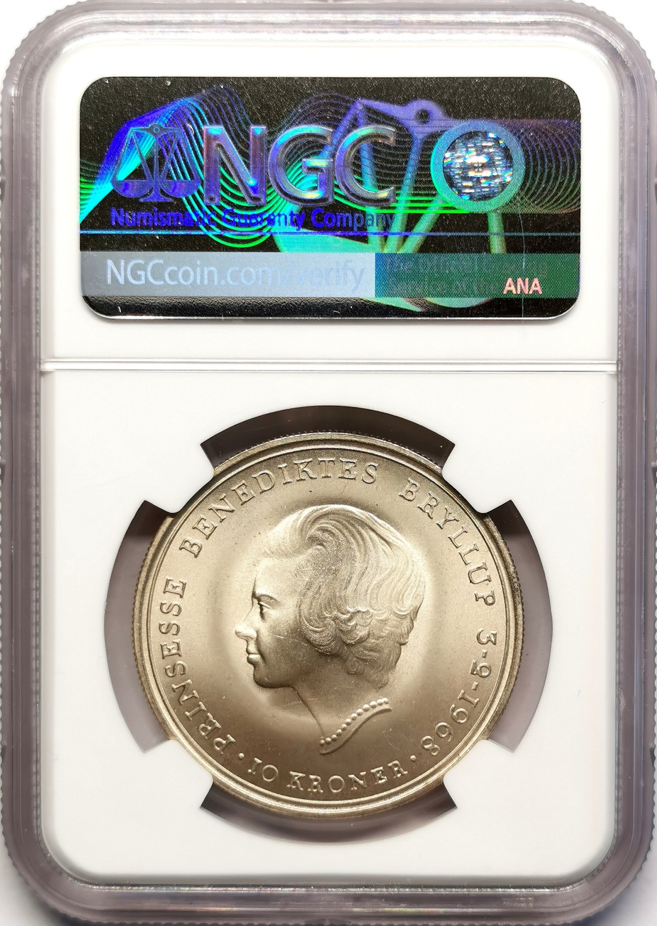 凡希社世界钱币微拍第二百五十一期 1968丹麦王家婚礼10克朗银币NGC-MS67