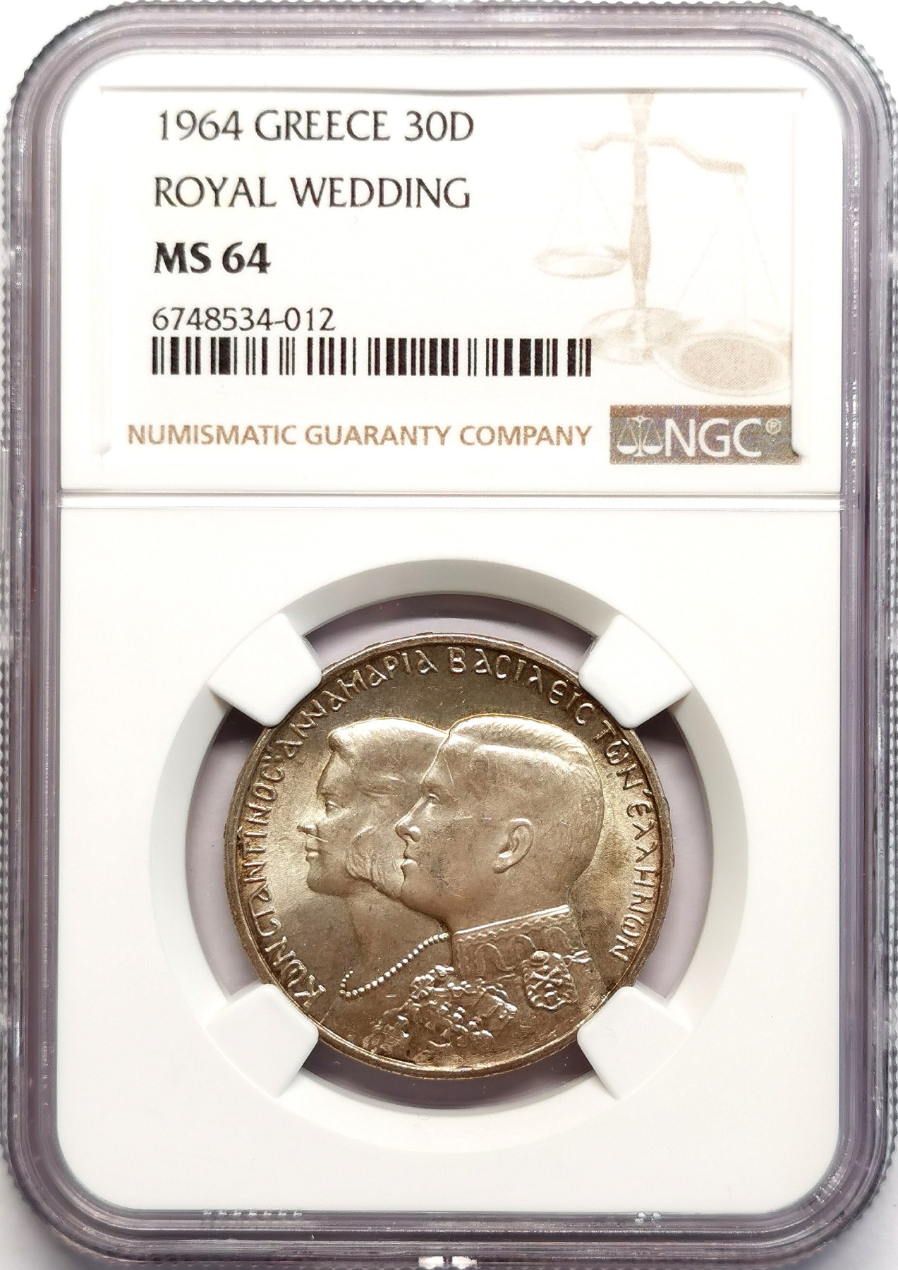 凡希社世界钱币微拍第二百五十一期 1964希腊王家婚礼30D纪念银币NGC-MS64