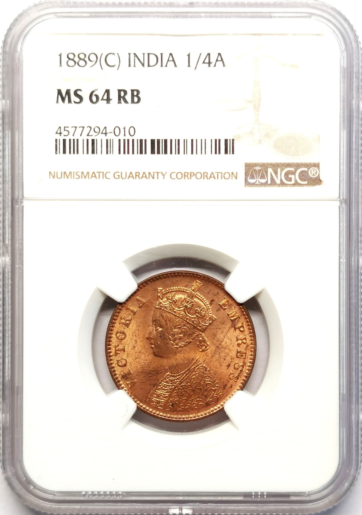 凡希社世界钱币微拍第二百五十一期 1889英属印度小维1/4安那铜币NGC-MS64