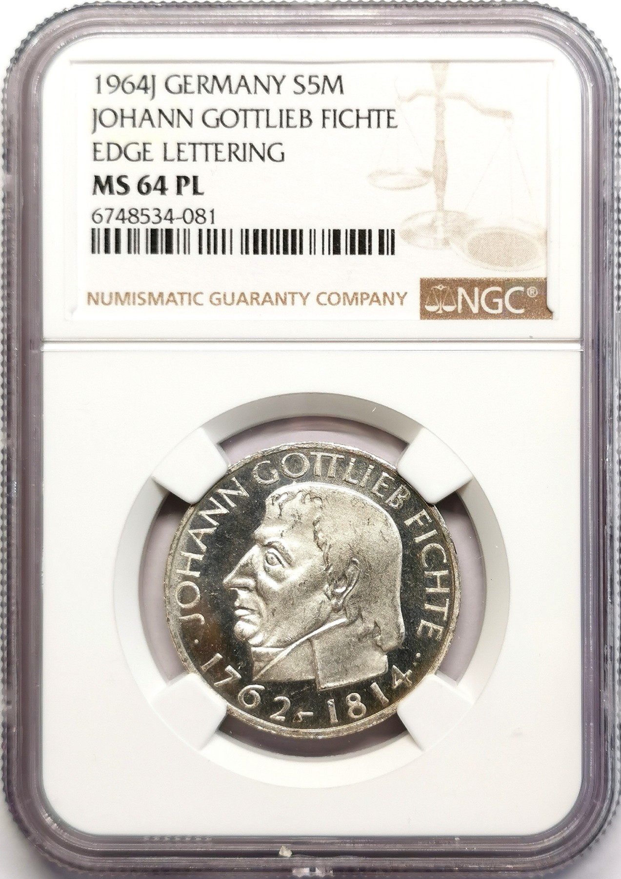 凡希社世界钱币微拍第二百五十一期 1964J德国费希特5马克NGC-MS64PL