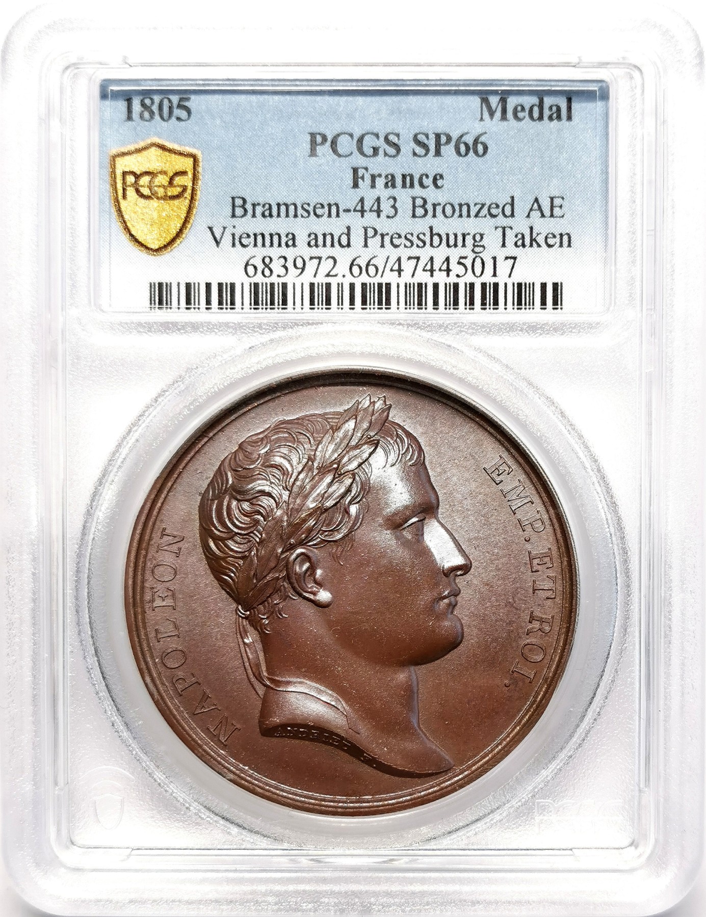 凡希社世界钱币微拍第二百五十一期 荐！1805法国拿破仑攻陷维也纳与普雷斯堡纪念铜章PCGS-SP66铜色优美顶级品！