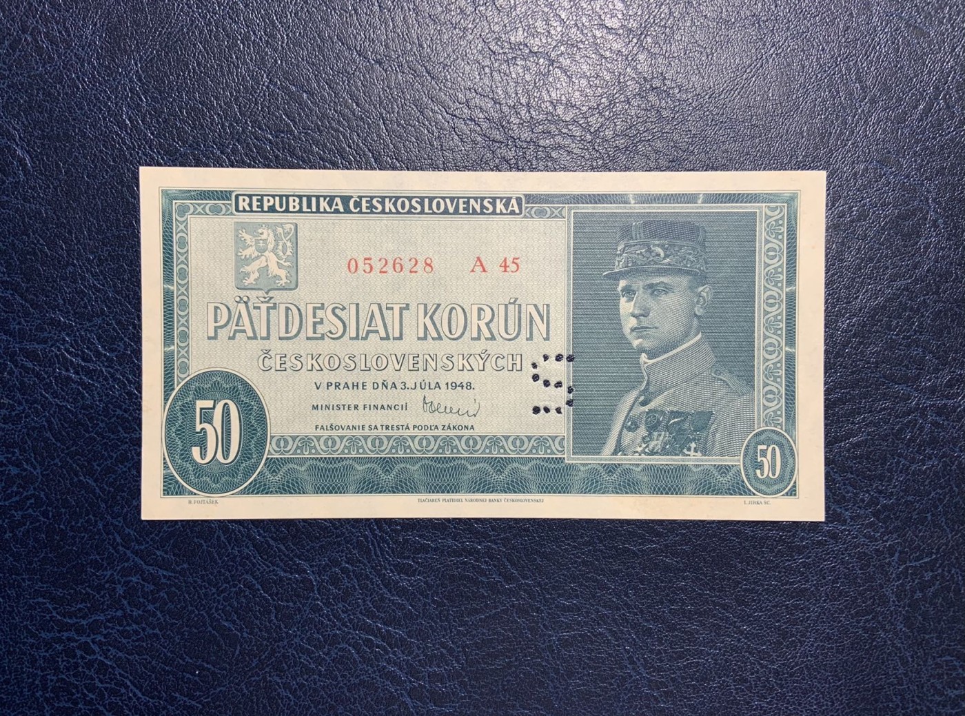 收藏联盟Quantum Auction 第298期拍卖  捷克斯洛伐克1948年50克朗S孔型样票 品相全新UNC 少见S孔 多见三孔